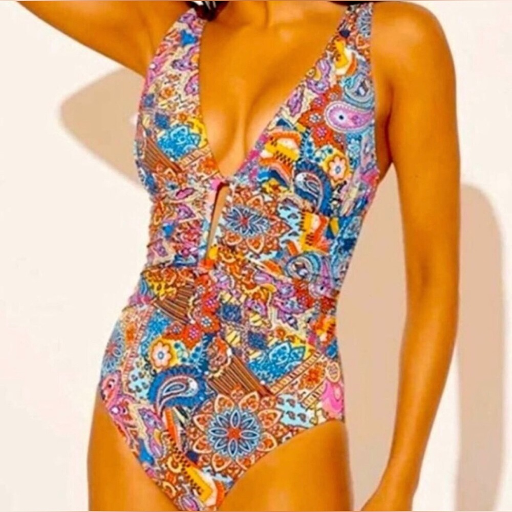 New Bleu Rod Beattie Groovy Baby Shirred Plunge One Piece Swimsuit Sz 8, 12